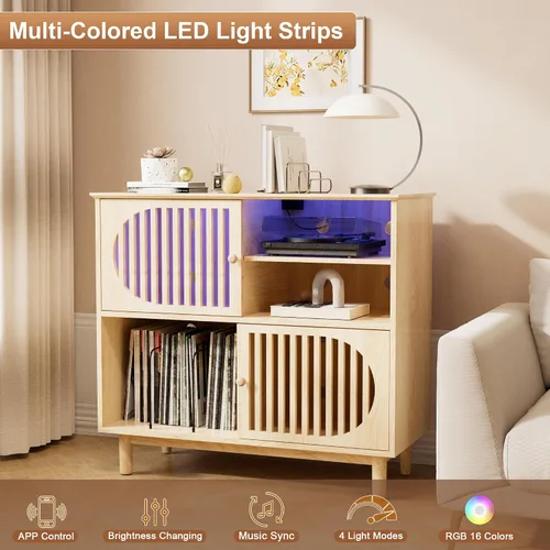 Miniatura 5 de Soporte grande para tocadiscos con almacenamiento y luces LED, gabinete de almacenamiento de discos de vinilo con capacidad para hasta 350 álbumes