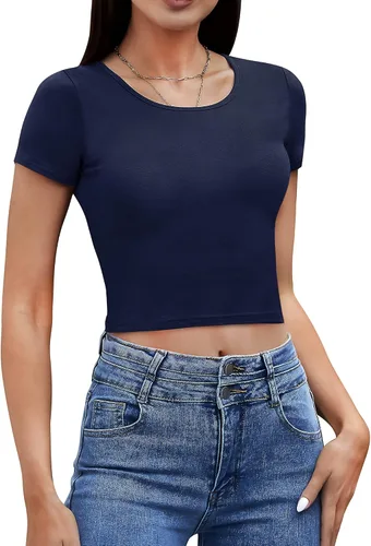 Miniatura 2 de Paquete de 4 camisetas cortas básicas ajustadas de manga corta para mujer, lindas camisetas cortas de moda con cuello redondo para mujeres