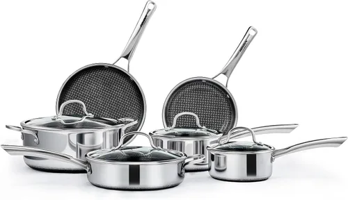 ROVSUN Juego de 10 utensilios de cocina antiadherentes, juego de ollas y sartenes de acero inoxidable con tapas, juego de cocina no tóxico, sartén