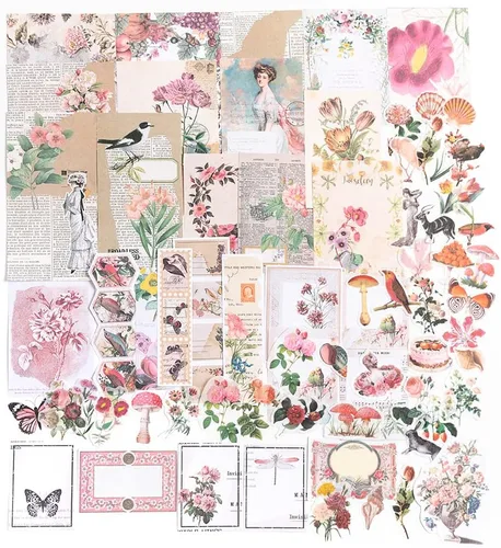 Alideco Kit de 200 piezas de suministros vintage para álbumes de recortes Kawaii con hongos, flores, papel washi, bullet journals, planificadores,