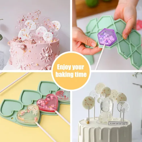 Miniatura 6 de QELEG 2 moldes de silicona con 100 palitos de papel, moldes redondos para piruletas de chocolate, ideales para caramelos duros, cake pop, cubo