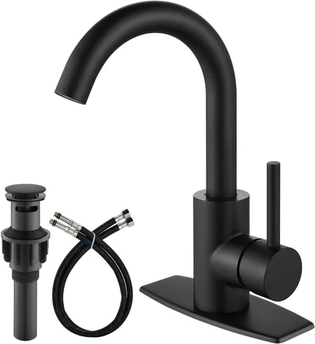 Miniatura 11 de Airuida Grifo de baño de un solo agujero, acero inoxidable giratorio de 360° con drenaje desplegable y placa de cubierta, grifo moderno de barra