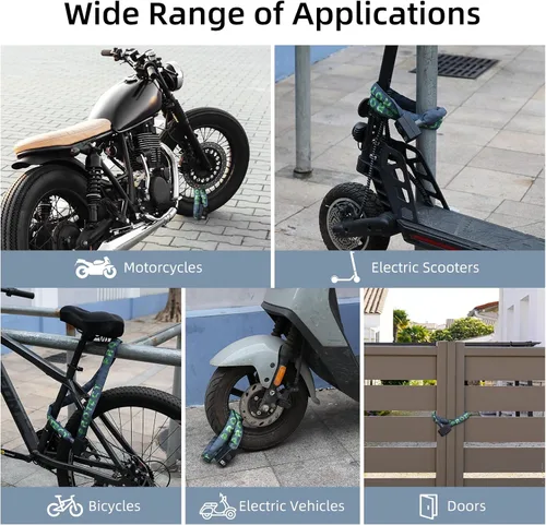 Miniatura 7 de Candado de cadena para bicicleta con alarma E Scooter Lock alarma antirrobo 110dB 4ft seguridad resistente con cable USB C y 3 llaves para Verde