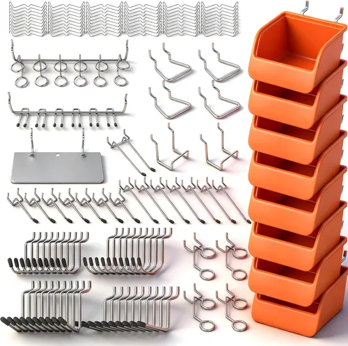 HORUSDY Kit surtido de 150 ganchos para tablero de clavijas, 15 tipos de accesorios resistentes con contenedores, se adapta a ganchos de metal para