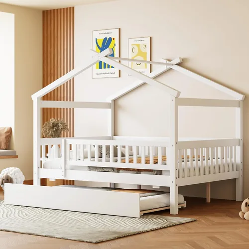 Miniatura 18 de JIVOIT Cama de plataforma de madera con dos cajones, cama de casa tamaño individual con diseño de techo, patas de pino macizo, cabecera y estribo