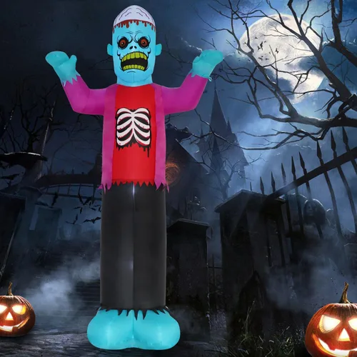 12 pies de decoración inflable de Halloween para exteriores, esqueleto zombi azul espeluznante con luces LED, decoración inflable para fiestas en
