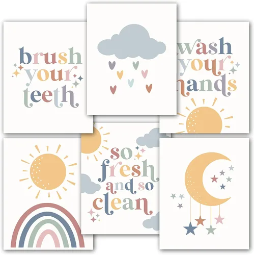 Miniatura 10 de Hadley Designs 6 impresiones artísticas reversibles para niños y niñas, arte de pared de 8 x 10 pulgadas, decoración de baño para niños, decoración