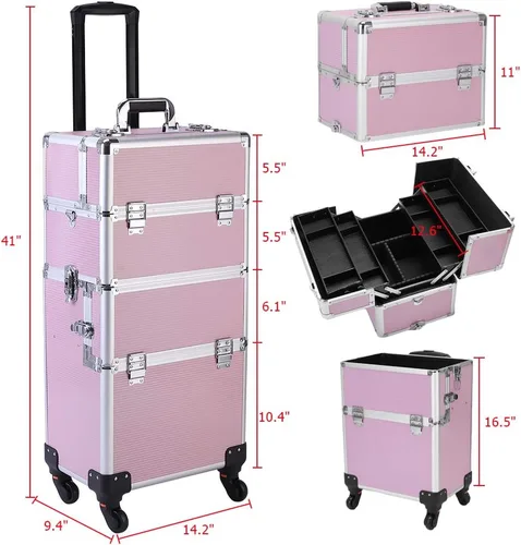 Miniatura 3 de Flandre Estuche de aluminio 3 en 1, organizador de cosméticos de belleza, caja de viaje de maquillaje, caja de tren con ruedas, bandejas plegables