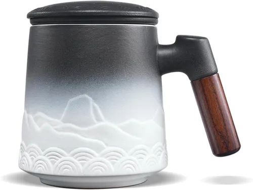 Miniatura 20 de ZENS Taza de Té de Cerámica en Relieve con Infusor y Tapa, 14.5 oz, Asa de Madera, Tazas Infusoras de Té de Hojas Sueltas y Colador para Regalos