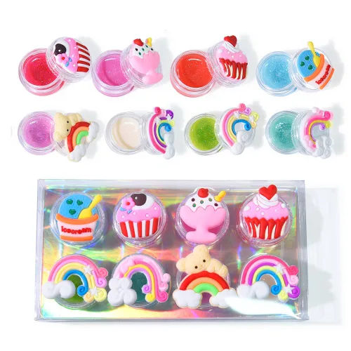 Miniatura 7 de Mebtmel 8 piezas de brillo labial lindo para niñas, set de bálsamo labial para regalos de fiesta para niños, sabores surtidos afrutados con diseños