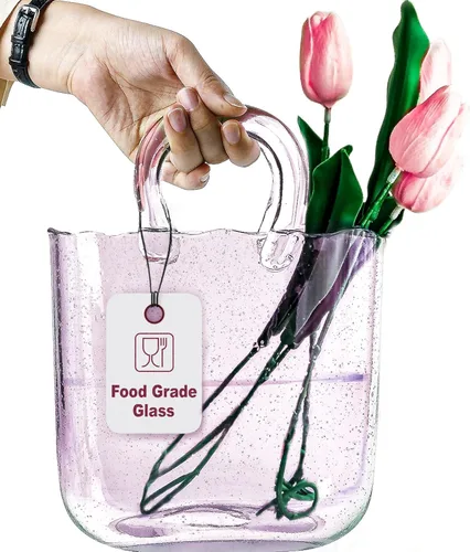 OLEEK Jarrón de Cristal Hecho a Mano en Forma de Bolso para Flores y Bebidas - 10 pulgadas - Lindo Centro de Mesa Rosa y Pecera - Florero Único en
