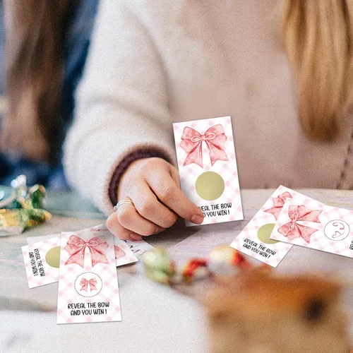 Miniatura 5 de REWIDPARTY 32 tarjetas para raspar con lazo rosa, boletos para raspar con lazo de acuarela, boletos de sorteo de lotería para bodas, baby shower