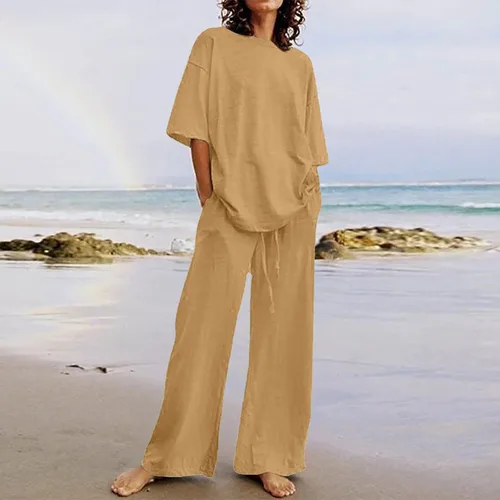 Miniatura 13 de Conjuntos de verano de 2 piezas para mujer, conjuntos elegantes y casuales de color liso, para verano, otoño, cuello redondo, tops y pantalones