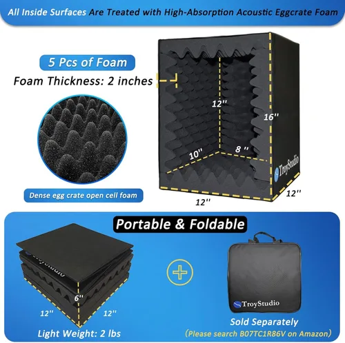 Miniatura 2 de TroyStudio Cabina Vocal Portátil, Escudo de Aislamiento de Micrófono Plegable Grande, Caja de Absorción de Eco de Sonido para Estudio de Grabación
