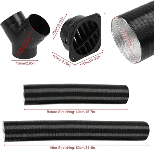 Miniatura 2 de 76mm / 3 Pulgadas Tubo de Salida de Ventilación Extensible en Y para Calentador de Estacionamiento Diésel, Conducto Flexible de Aire Caliente