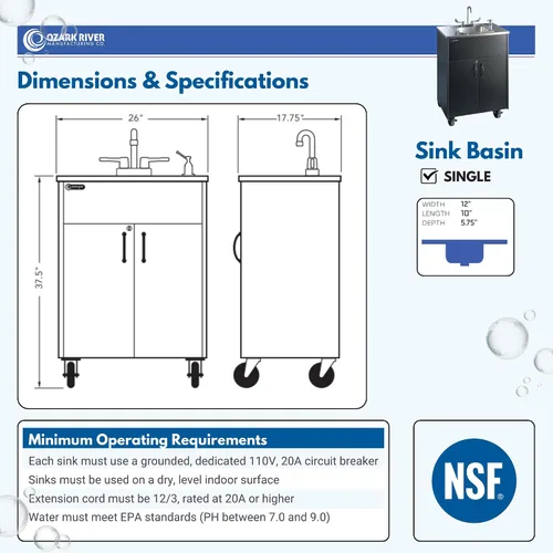 Miniatura 4 de Ozark River Portable Sinks Premier S1, encimera y lavabo de acero inoxidable laminado negro, fregadero autónomo, estación de lavado de manos