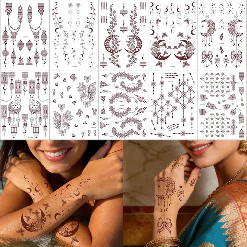 Miniatura 18 de 10 hojas de calcomanías temporales de henna de henna 5P negro + 5P marrón, calcomanías de tatuaje para mujeres, calcomanías de arte corporal para 5
