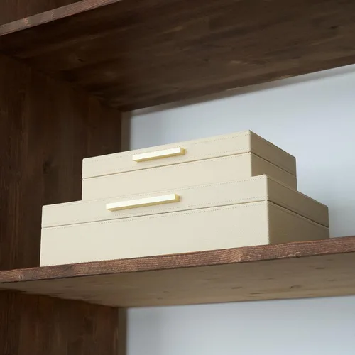 Miniatura 7 de ZICOTO Moderno juego de 2 cajas de almacenamiento decorativas con asas de metal negro, caja organizadora de joyas de piel sintética, caja
