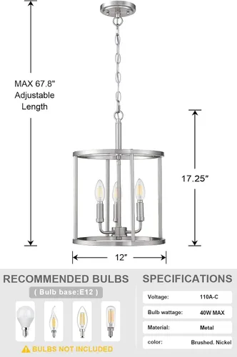 Miniatura 3 de Lámpara colgante de 3 luces con acabado de níquel cepillado, lámpara geométrica de cadena ajustable, jaula de metal, iluminación colgante para Vela
