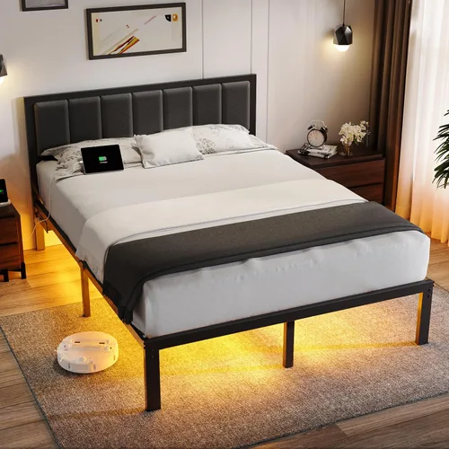 Miniatura 8 de OLEVS Marco de cama Queen con cabecero, cama de plataforma de metal tamaño Queen con estación de carga USB y luces LED, no necesita somier