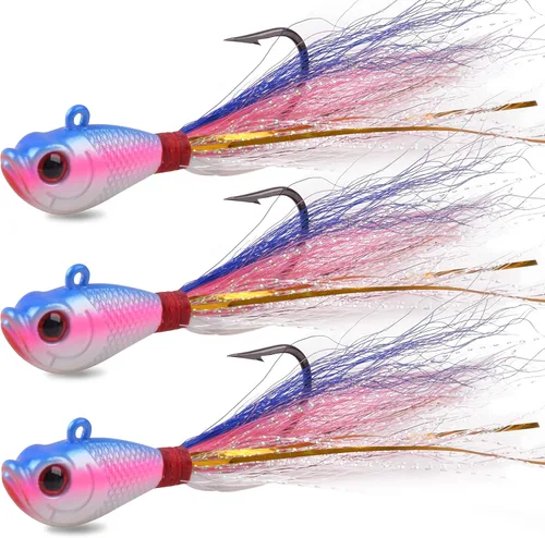 Miniatura 10 de Bucktail Jigs Señuelos de agua salada, 3/5 piezas de jigs de pelo de cola de cubo para la cabeza, señuelos de pesca, kit surtido para lubina