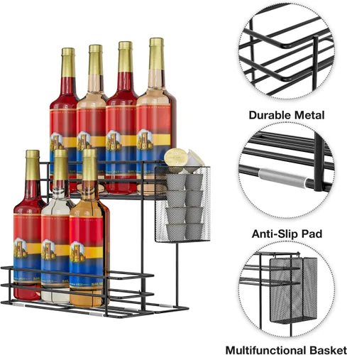 Miniatura 4 de OVICAR Organizador de jarabe de café, soporte para 8 botellas para barra de café y accesorios de estación con popote y cesta para cápsulas, 2