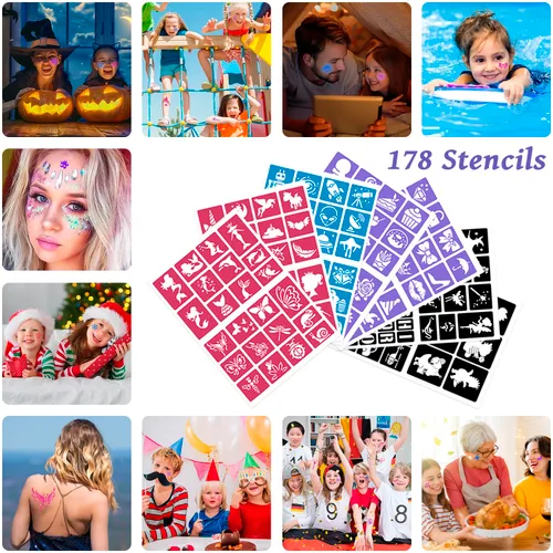 Miniatura 6 de Kit de tatuajes temporales con purpurina para niños, 48 colores de purpurina, 178 plantillas, 4 pegamento, 5 pinceles, kit de purpurina para adultos