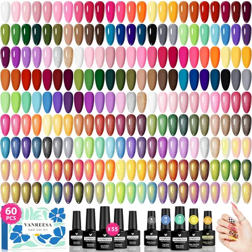 VANREESA Juego de 60 esmaltes de uñas de gel, 55 colores con capa base y 4 efectos de capa superior, juego de esmalte de uñas a todo color para