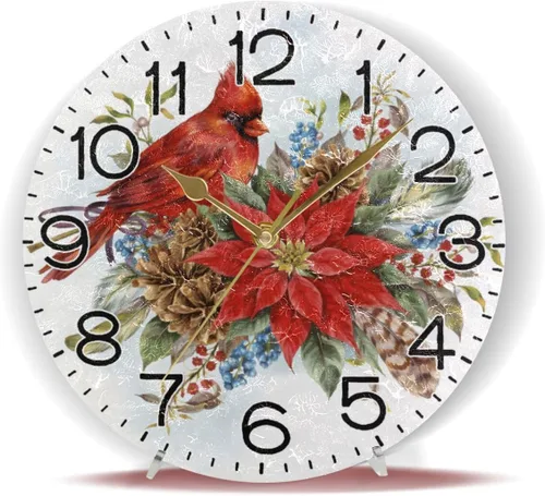 Miniatura 6 de Reloj de pared con diseño de flor de pascua de Navidad y pájaro de invierno, funciona con pilas, sin tictac, silencioso, de cuarzo, analógico, Flor