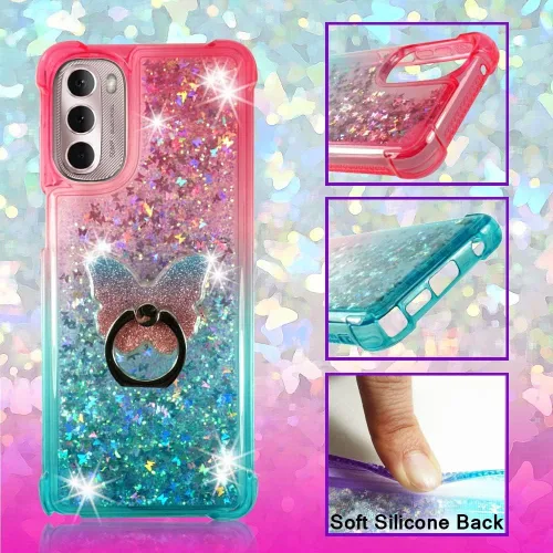 Miniatura 4 de Zase Moto G 5G (2022) - Bonita funda transparente con purpurina líquida para Motorola Moto G 5G Flotante Mariposas 3D Cascada Arenas movedizas