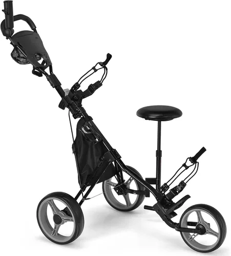 Miniatura 8 de Tangkula Carrito de Golf de Empuje y Tirón con Asiento, Carro Plegable y Colapsable Liviano de 3 Ruedas, Carro de Golf con Freno de Pie, Soporte Gris
