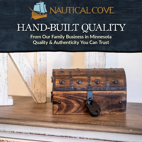 Miniatura 7 de Nautical Cove Cofre del tesoro pirata hecho a mano para premios infantiles y aula con cerradura y llaves de esqueleto – Caja de almacenamiento