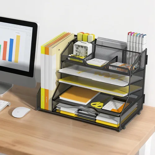 Miniatura 6 de YINGHUA Bandeja organizadora de cartas de papel de 5 niveles con 6 compartimentos ajustables superiores y soporte para archivos, clasificador de 5