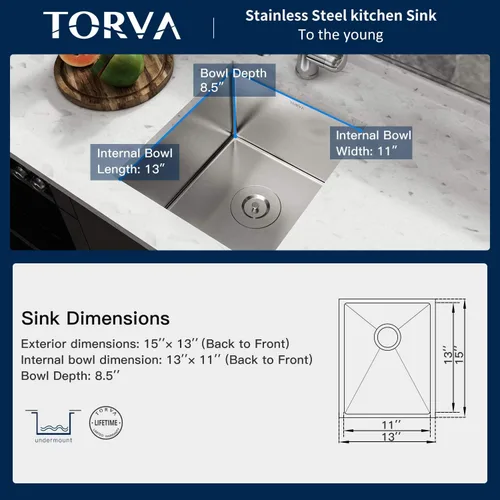 Miniatura 4 de TORVA Fregadero de Montaje Bajo para Cocina de 13 x 15 Pulgadas, Fregadero de Barra de Acero Inoxidable 304 Premium - Cuenca Profunda de 8 Pulgadas