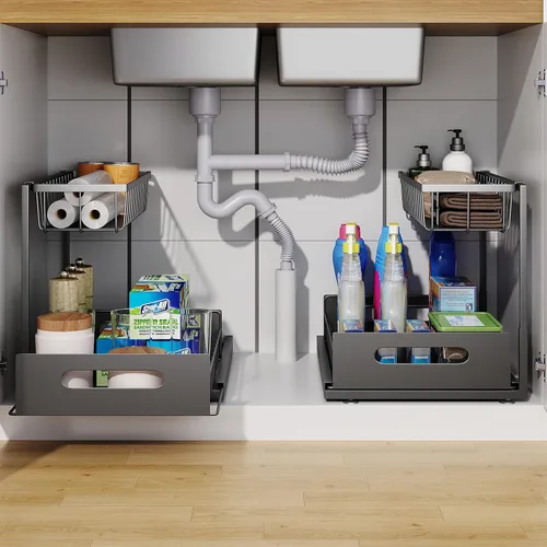 Miniatura 2 de Organizador para debajo del fregadero, estante de almacenamiento extraíble de 2 niveles, organizador de metal resistente al óxido para cocina, baño