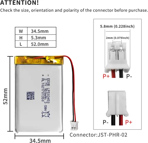 Miniatura 3 de EEMB 3.7V Lipo Batería 950mAh 503450 Batería de iones de polímero de litio recargable con conector JST Asegúrese de que la polaridad del dispositivo