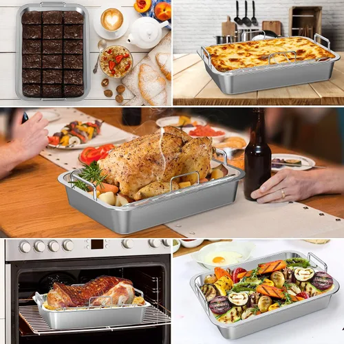 Miniatura 6 de Onlyfire Sartén para asar con estante en U – Asador de acero inoxidable para hornear, sartén rectangular de lasaña de pavo de 16 pulgadas para asar