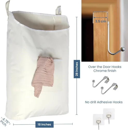 Miniatura 2 de The Fine Living Co. - Cesto colgante para ropa sucia con ganchos para la puerta y adhesivo, bolsa de lavandería duradera que ahorra espacio
