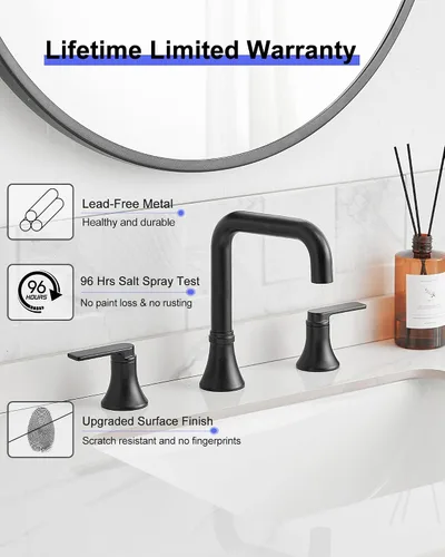 Miniatura 5 de Grifo de baño negro generalizado de 360 grados giratorio para fregadero de 3 agujeros de 4 a 10 pulgadas, 2 manijas con drenaje desplegable
