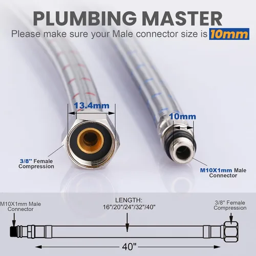 Miniatura 2 de ARCORA Manguera de grifo de baño de 40 pulgadas, líneas de suministro de nailon trenzado cUPC 3/8 pulgadas hembra Comp × M10 macho (1 par)