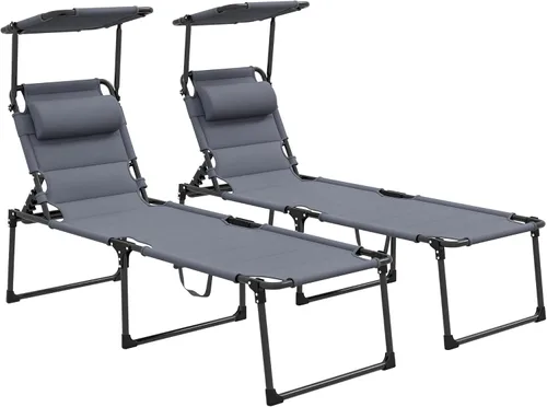 Miniatura 13 de Outsunny Sillón para exteriores, respaldo ajustable, tumbona plegable, silla de bronceado acolchada con techo parasol y reposacabezas de almohada