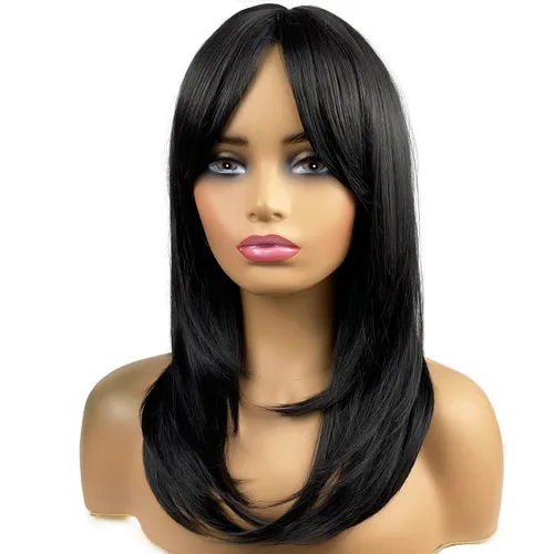 Pelucas largas negras para mujer, pelucas negras con flequillo, peluca sintética de longitud al hombro en capas para fiestas diarias (20 pulgadas)