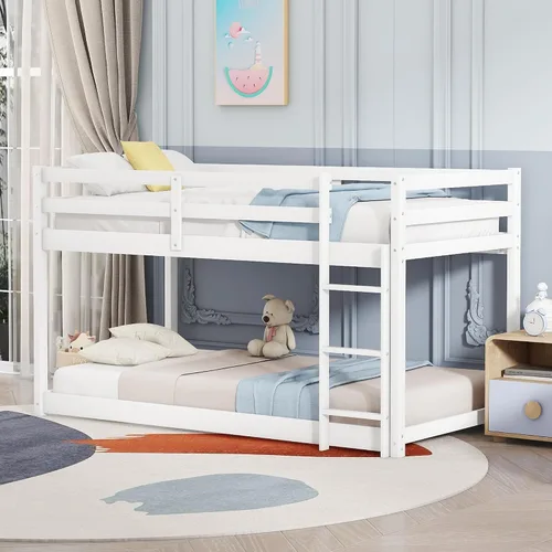 Miniatura 10 de Harper & Bright Designs Litera baja individual sobre individual, litera de madera individual para niños con escalera, marco de litera de suelo