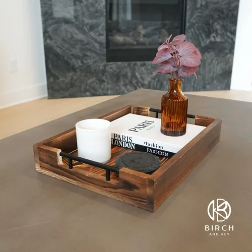 Miniatura 3 de Bandejas de bambú natural para servir modernas bandejas decorativas Otman con asas de metal, perfectas para sala de estar, dormitorio, entrada