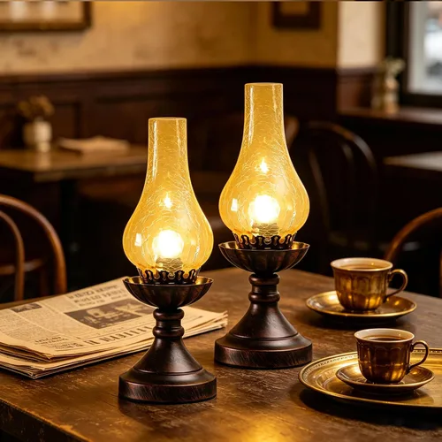 Miniatura 8 de Linternas Marroquíes Vintage Antigua Lámpara de Mesa de Noche, Lámpara de Escritorio Victoriana Retro de Cristal Hurricane Ámbar - Cobre Antiguo