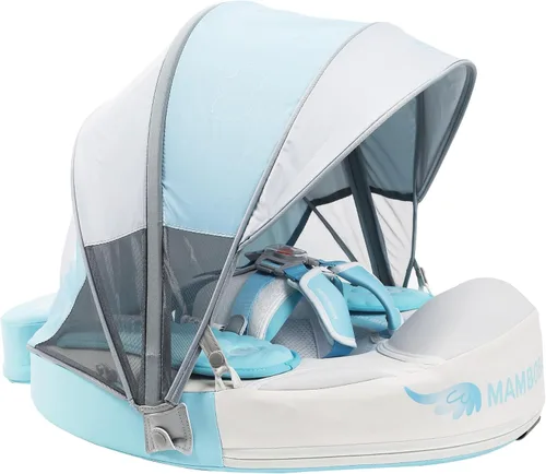 Mambobaby Flotador con toldo y cola - Flotador para bebé con toldo, entrenador de natación infantil no inflable mejorado, toldo UPF+, arnés de