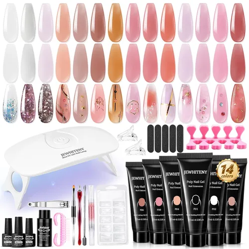 JEWHITENY Kit de 14 piezas de gel de uñas poli, kit de gel de extensión poli, kit de iniciación con solución deslizante, juego de extensión