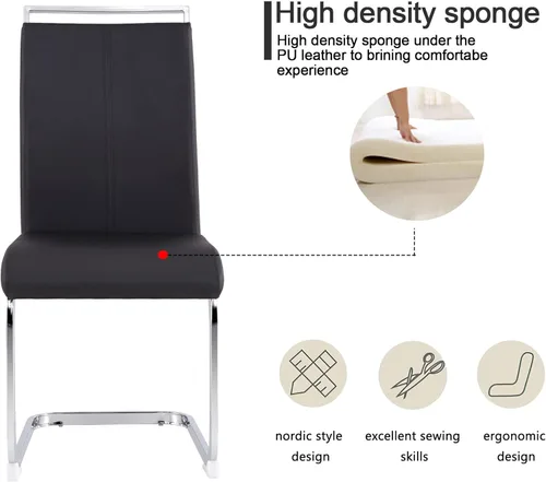 Miniatura 5 de gopop Juego de sillas de comedor, sillas modernas de metal con asiento acolchado de piel sintética, respaldo alto y patas cromadas resistentes, Negro