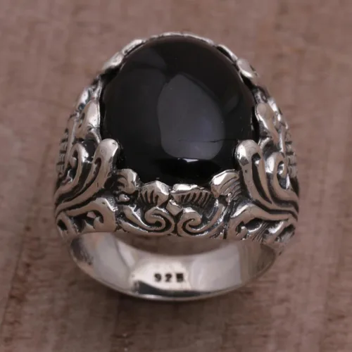 Miniatura 2 de NOVICA Anillo de cóctel floral de plata de ley 925 de ónix negro