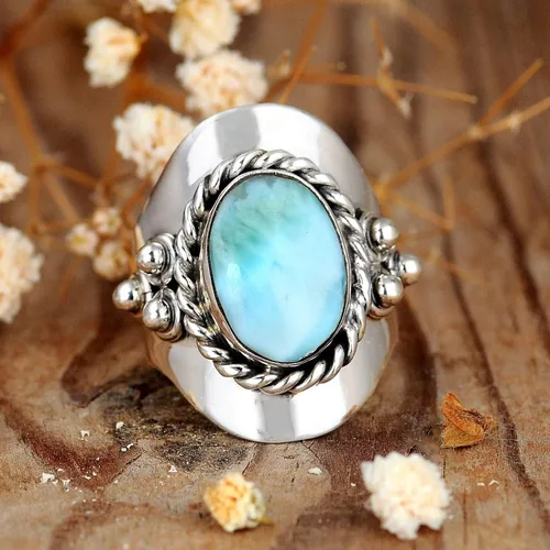 Miniatura 2 de Boho-Magic Anillo de plata de ley con larimar para mujer, joyería bohemia con piedras preciosas ovaladas